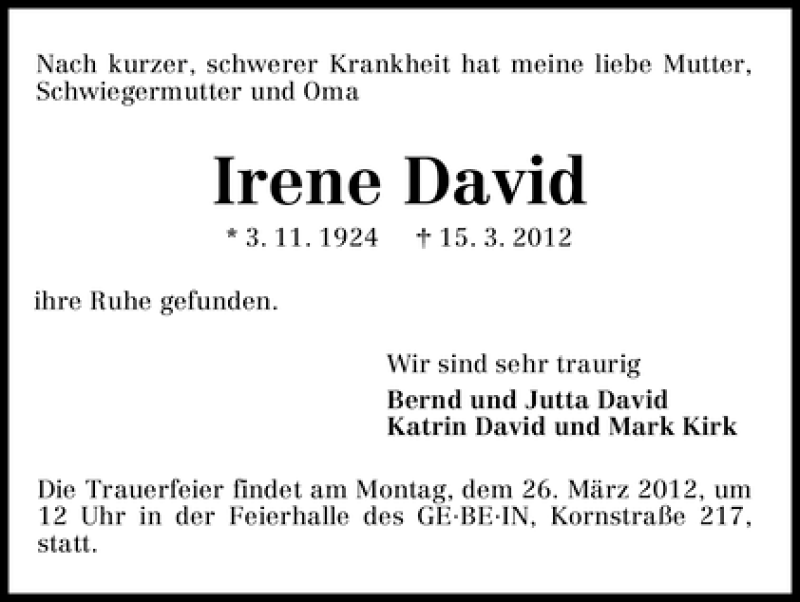 Traueranzeige von Irene David von WESER-KURIER