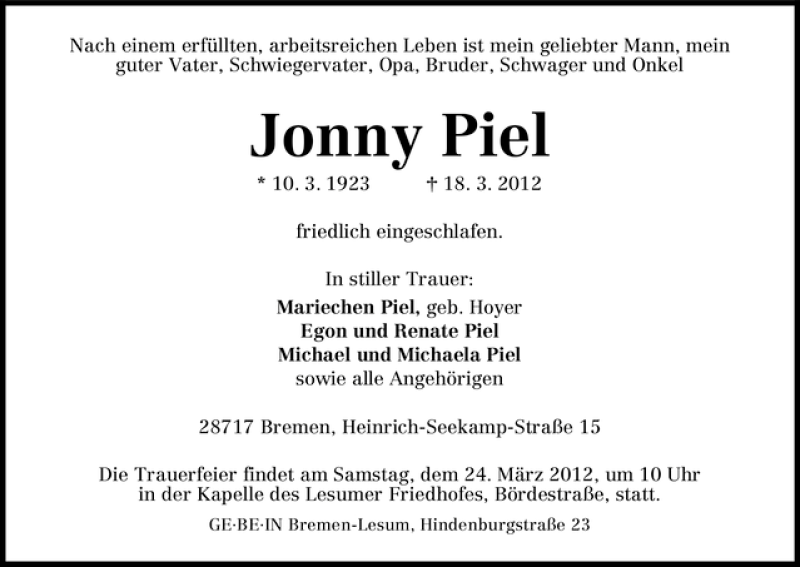 Traueranzeige von Jonny Piel von WESER-KURIER