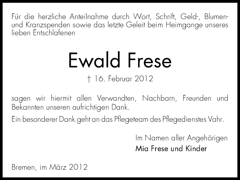 Traueranzeige von Ewald Frese von WESER-KURIER