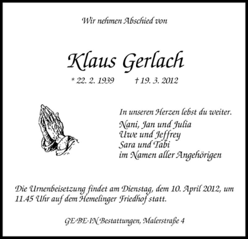 Traueranzeige von Klaus Gerlach von WESER-KURIER