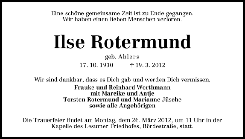 Traueranzeige von Ilse Rotermund von WESER-KURIER