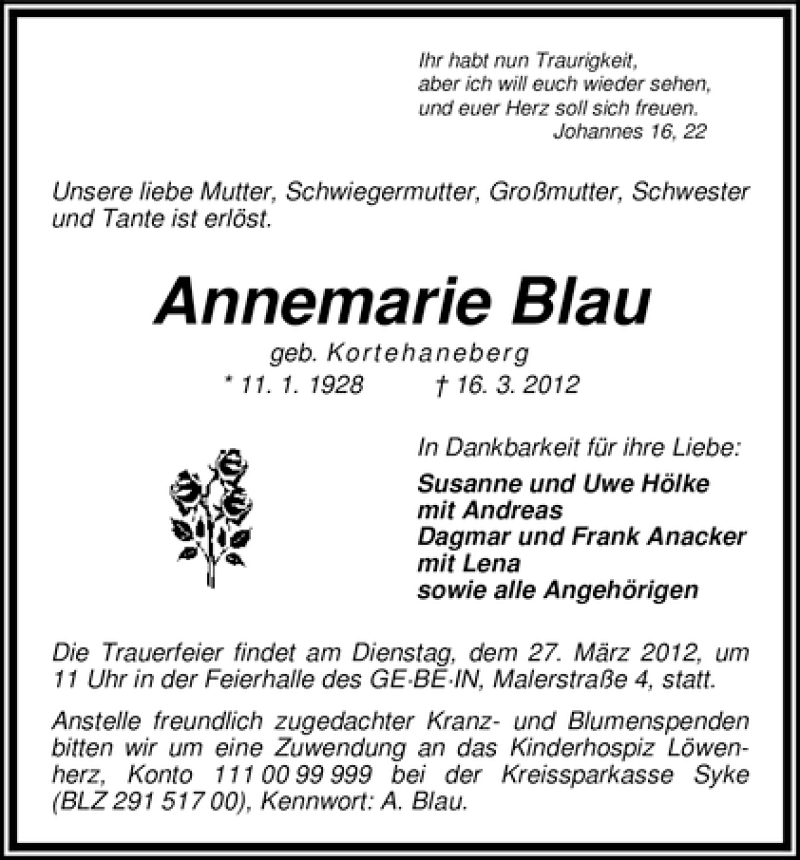 Traueranzeige von Annemarie Blau von WESER-KURIER