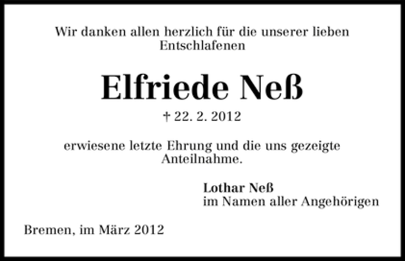 Traueranzeige von Elfriede Neß von WESER-KURIER