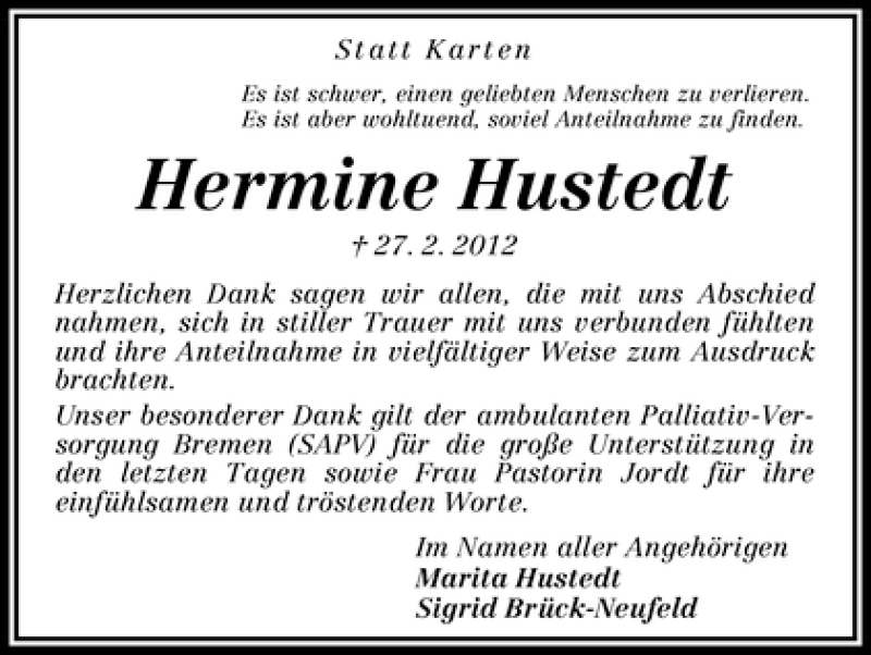 Traueranzeige von Hermine Hustedt von WESER-KURIER