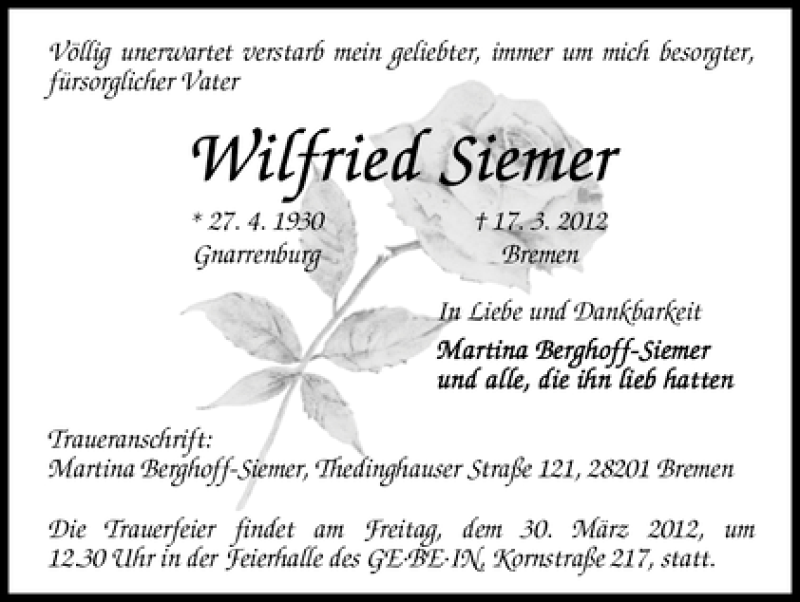 Traueranzeige von Wilfried Siemer von WESER-KURIER