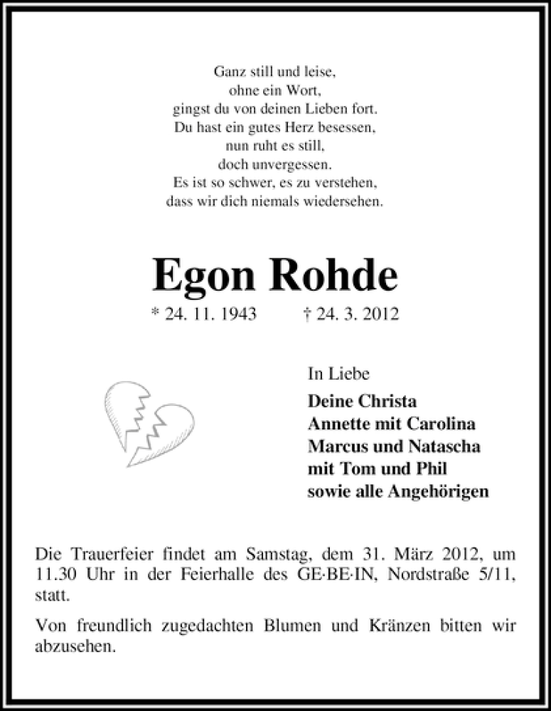 Traueranzeige von Egon Rohde von WESER-KURIER