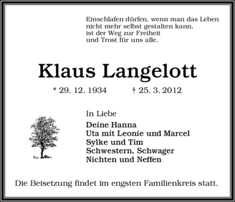 Traueranzeige von Klaus Langelott von WESER-KURIER