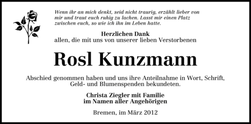 Traueranzeige von Rosl Kunzmann von WESER-KURIER
