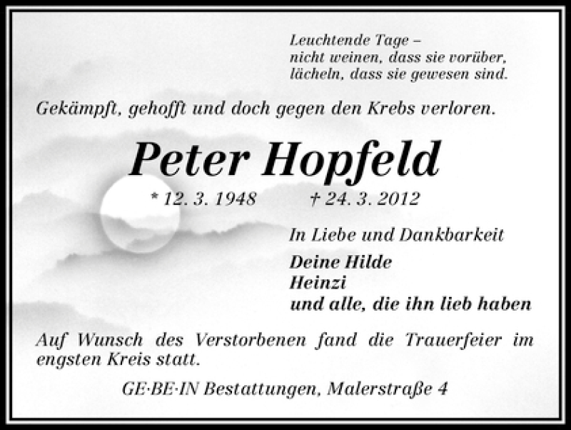 Traueranzeige von Peter Hopfeld von WESER-KURIER