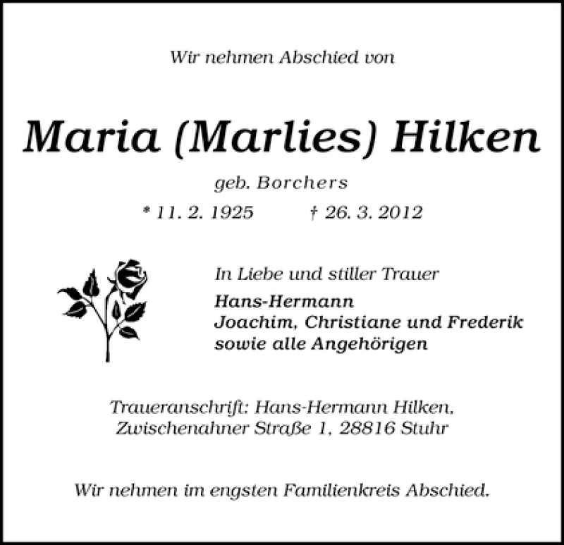Traueranzeige von Maria Hilken von WESER-KURIER