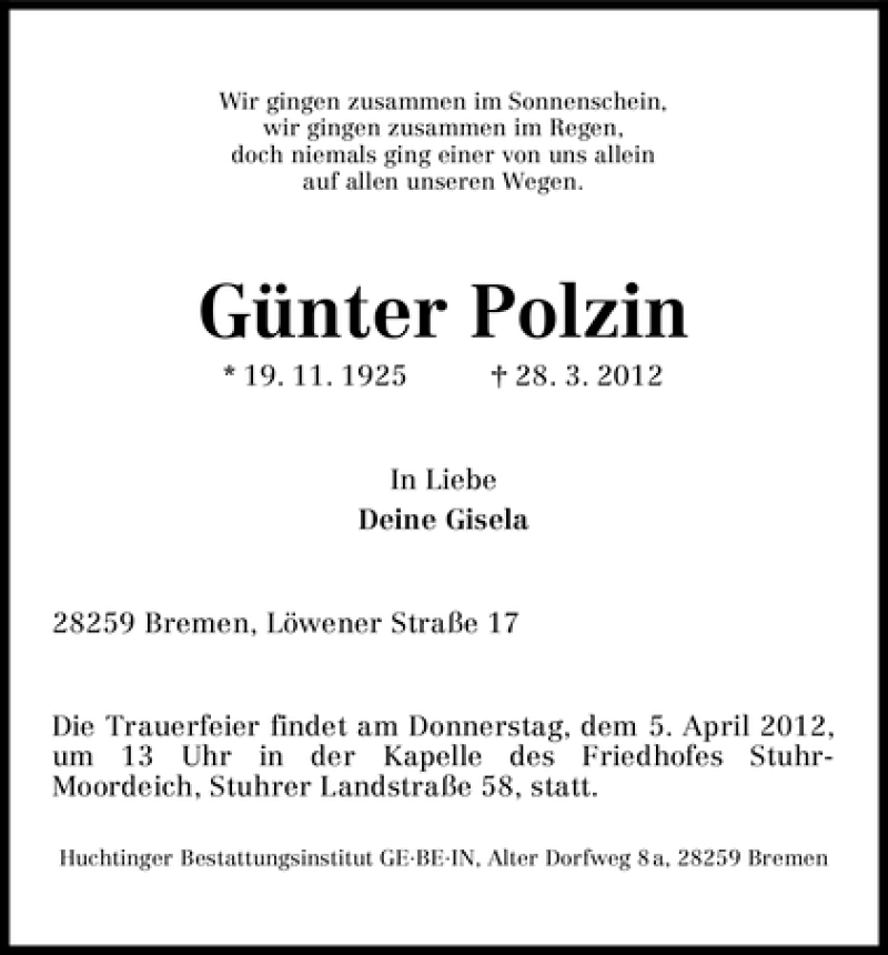 Traueranzeige von Günter Polzin von WESER-KURIER