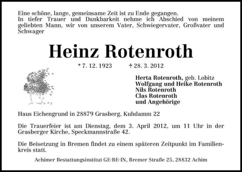 Traueranzeige von Heinz Rotenroth von WESER-KURIER
