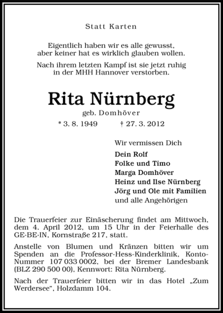 Traueranzeige von Rita Nürnberg von WESER-KURIER