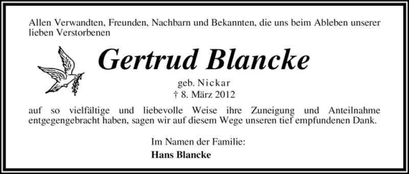 Traueranzeige von Gertrud Blancke von WESER-KURIER