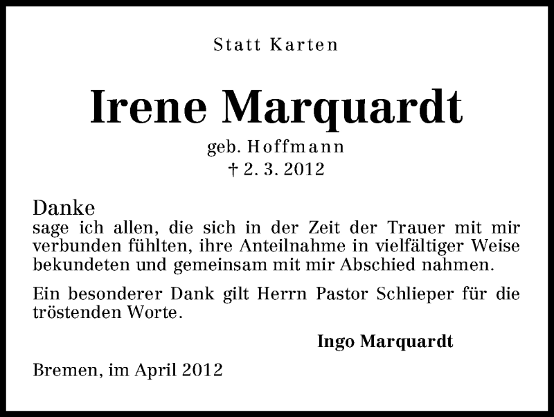 Traueranzeige von Irene Marquardt von WESER-KURIER