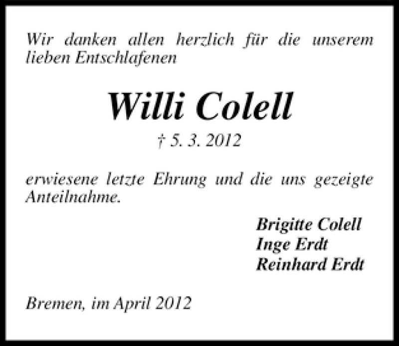 Traueranzeige von Willi Colell von WESER-KURIER