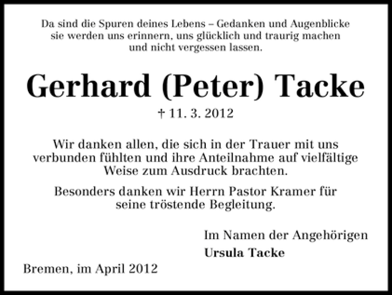 Traueranzeige von Gerhard  Tacke von WESER-KURIER