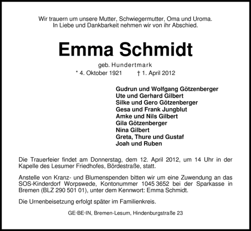 Traueranzeige von Emma Schmidt von WESER-KURIER