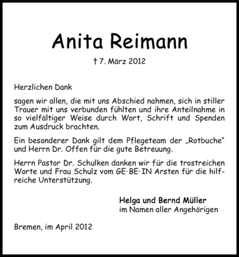 Traueranzeige von Anita Reimann von WESER-KURIER