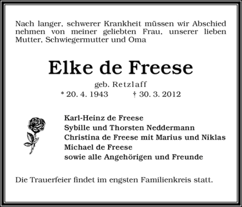 Traueranzeige von Elke de Freese von WESER-KURIER