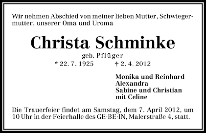 Traueranzeige von Christa Schminke von WESER-KURIER