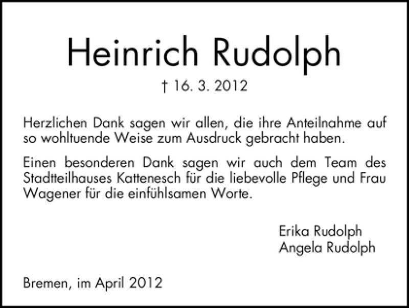 Traueranzeige von Heinrich Rudolph von WESER-KURIER