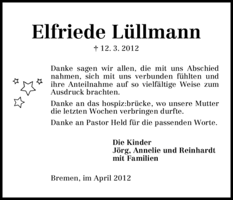 Traueranzeige von Elfriede Lüllmann von WESER-KURIER