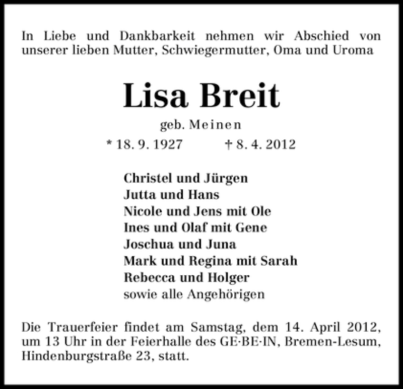 Traueranzeige von Elisabeth Breit von WESER-KURIER