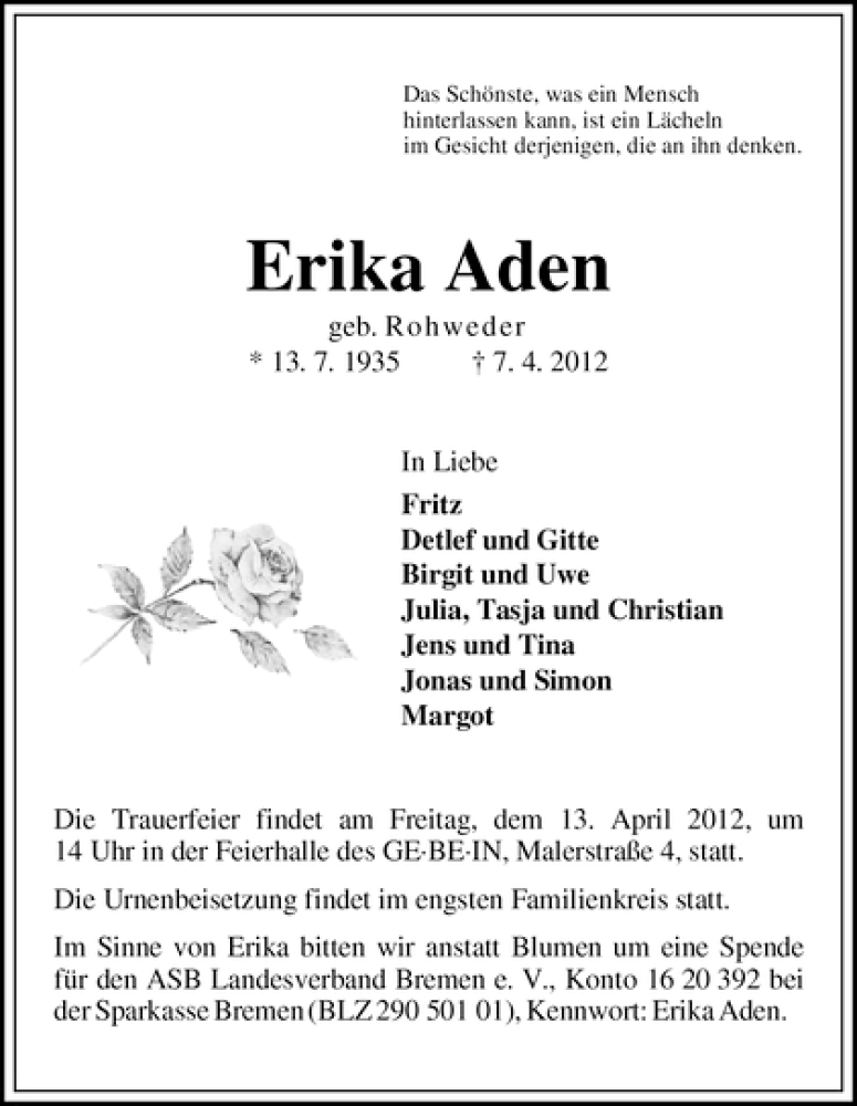 Traueranzeige von Erika Aden von WESER-KURIER