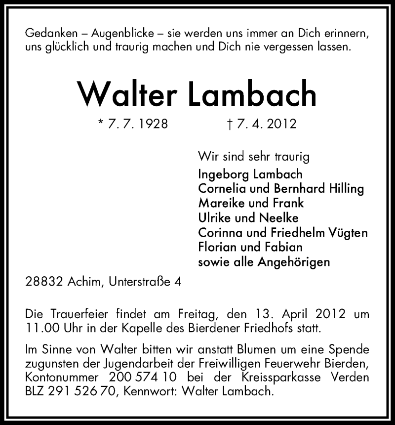 Traueranzeige von Walter Lambach von WESER-KURIER