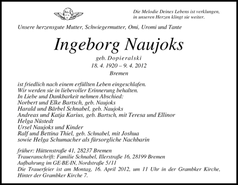 Traueranzeige von Ingeborg Naujoks von WESER-KURIER