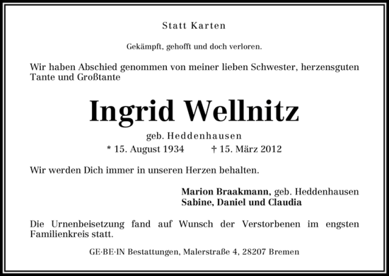 Traueranzeige von Ingrid Wellnitz von WESER-KURIER