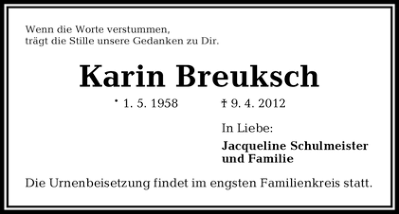Traueranzeige von Karin Breuksch von WESER-KURIER