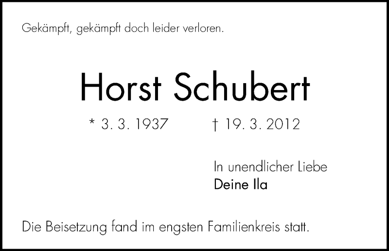 Traueranzeige von Horst Schubert von WESER-KURIER