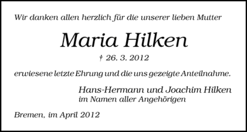 Traueranzeige von Maria Hilken von WESER-KURIER