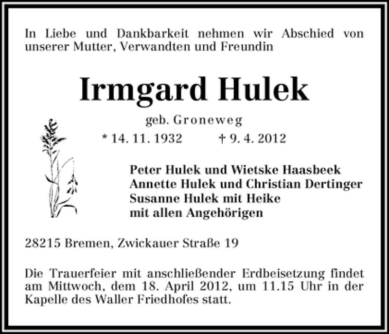 Traueranzeige von Irmgard Hulek von WESER-KURIER