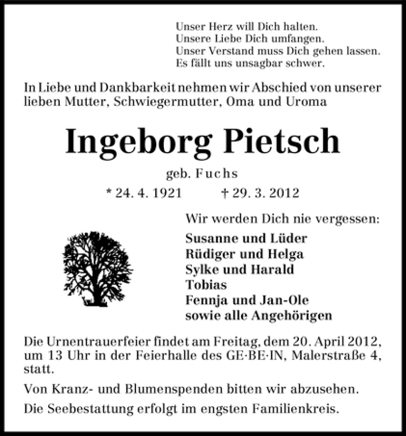 Traueranzeige von Ingeborg Pietsch von WESER-KURIER