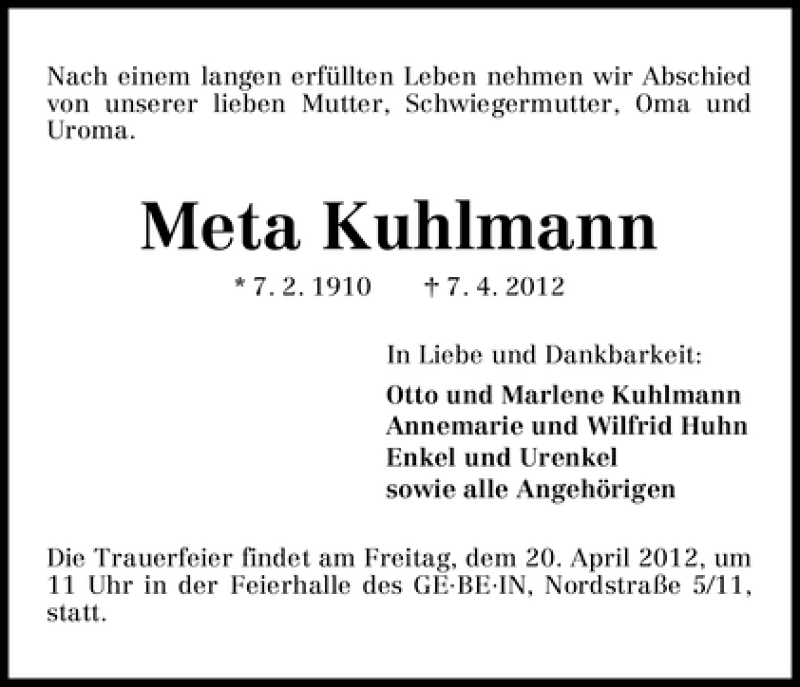 Traueranzeige von Meta Kuhlmann von WESER-KURIER