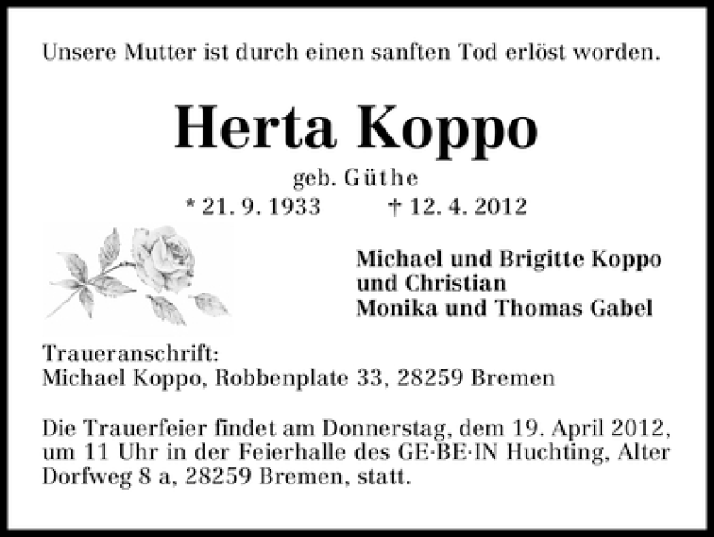 Traueranzeige von Herta Koppo von WESER-KURIER