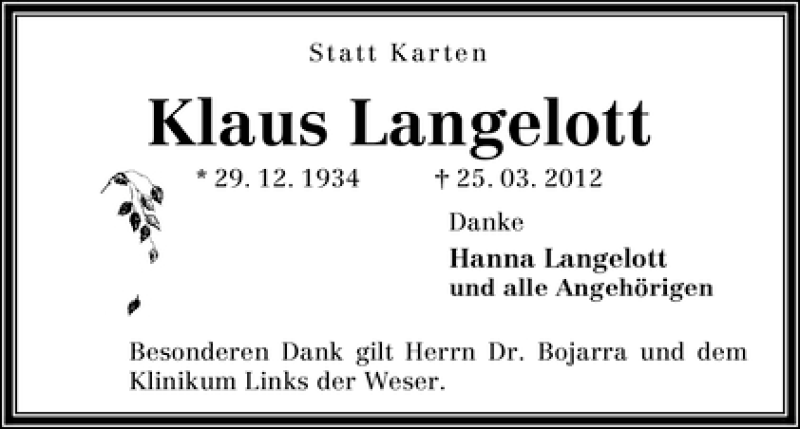 Traueranzeige von Klaus Langelott von WESER-KURIER