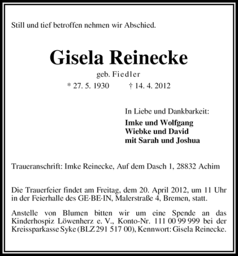 Traueranzeige von Gisela Reinecke von WESER-KURIER