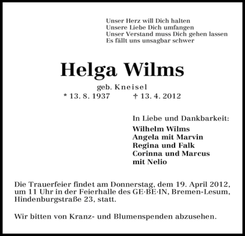 Traueranzeige von Helga Wilms von WESER-KURIER