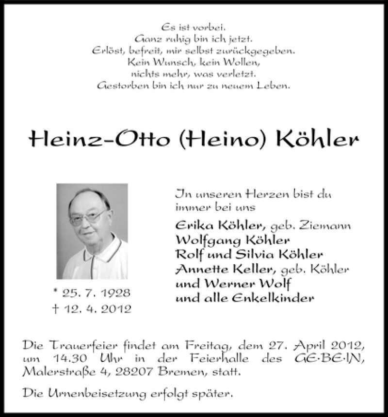 Traueranzeige von Heinz-Otto Köhler von WESER-KURIER
