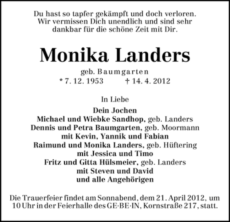 Traueranzeige von Monika Landers von WESER-KURIER
