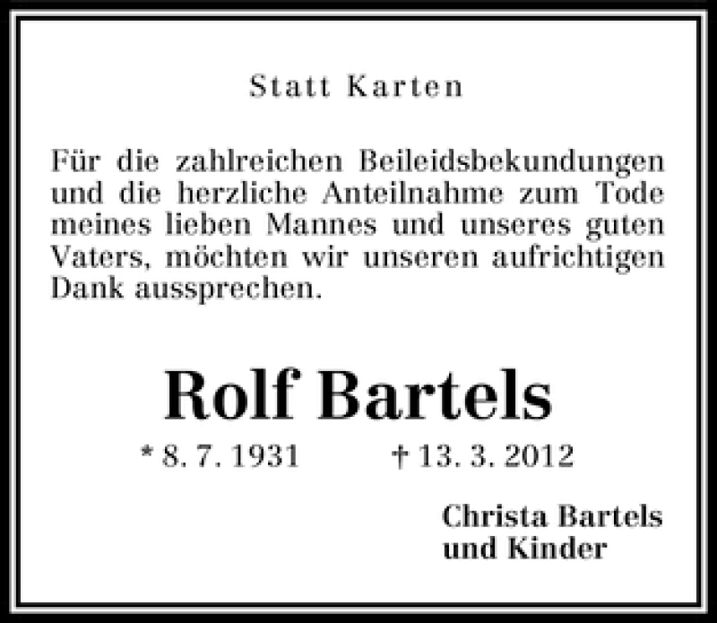 Traueranzeige von Rolf Bartels von WESER-KURIER
