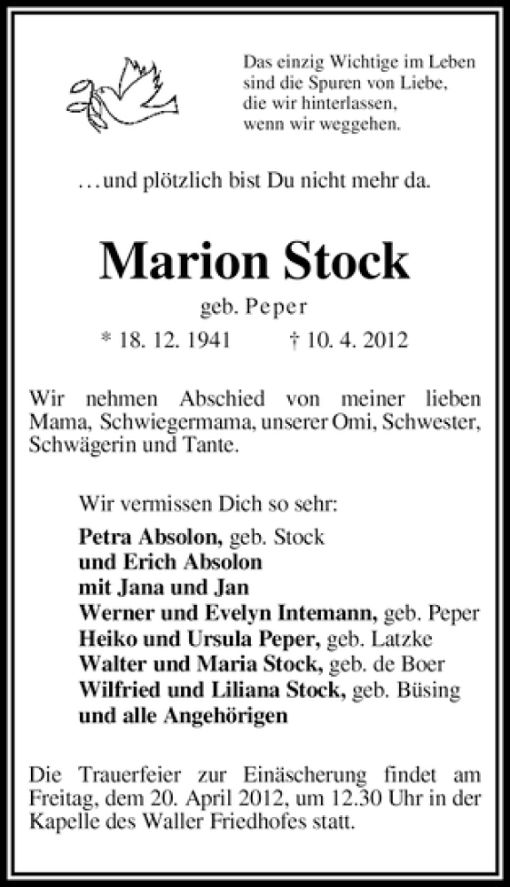 Traueranzeige von Marion Stock von WESER-KURIER