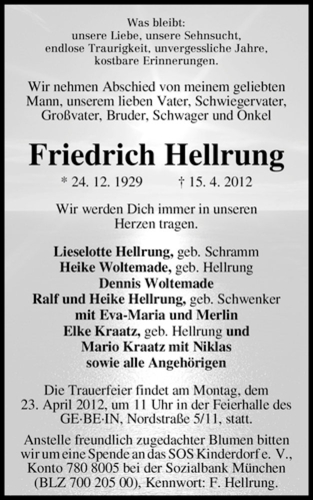 Traueranzeige von Friedrich Hellrung von WESER-KURIER