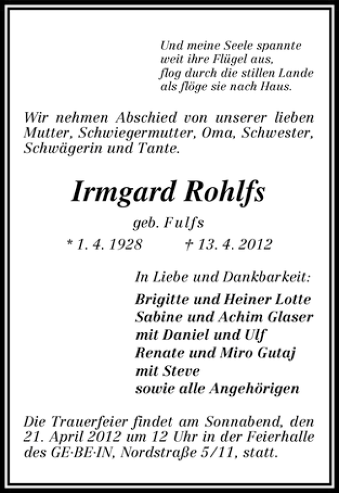Traueranzeige von Irmgard Rohlfs von WESER-KURIER