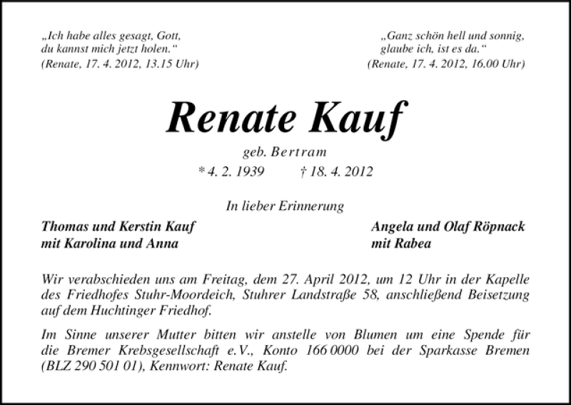 Traueranzeige von Renate Kauf von WESER-KURIER