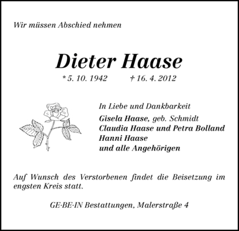 Traueranzeige von Dieter Haase von WESER-KURIER
